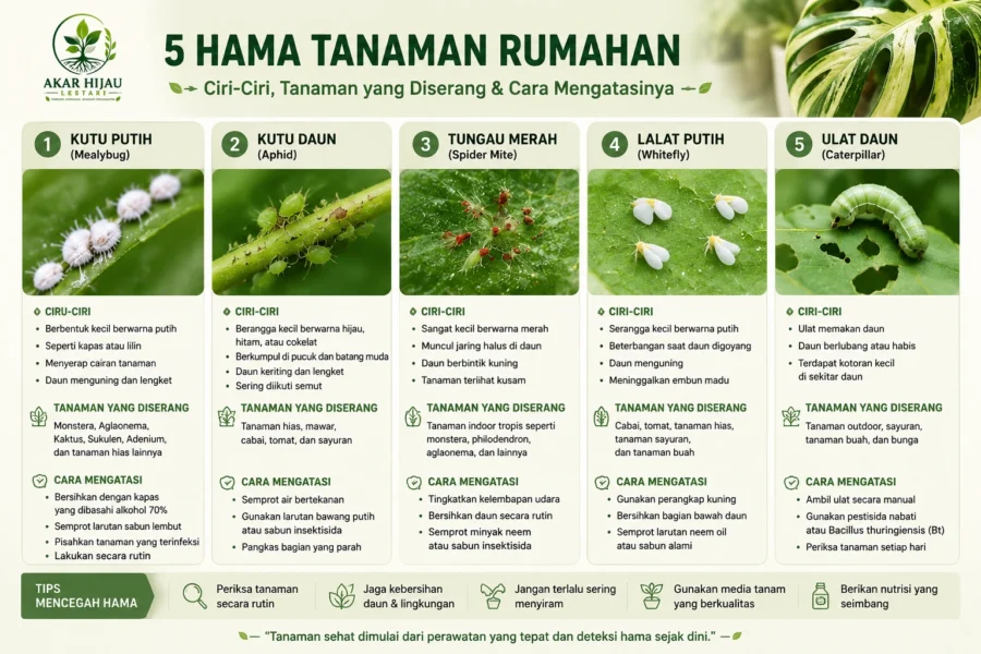 5 hama tanaman rumahan yaitu kutu putih, kutu daun, tungau merah, lalat putih, dan ulat daun beserta ciri serangan dan cara mengatasinya
