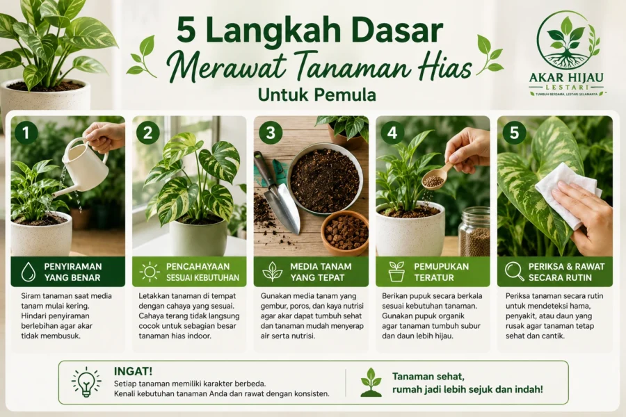 Infografis 5 langkah dasar merawat tanaman hias untuk pemula meliputi penyiraman, pencahayaan, media tanam, pemupukan, dan perawatan rutin.