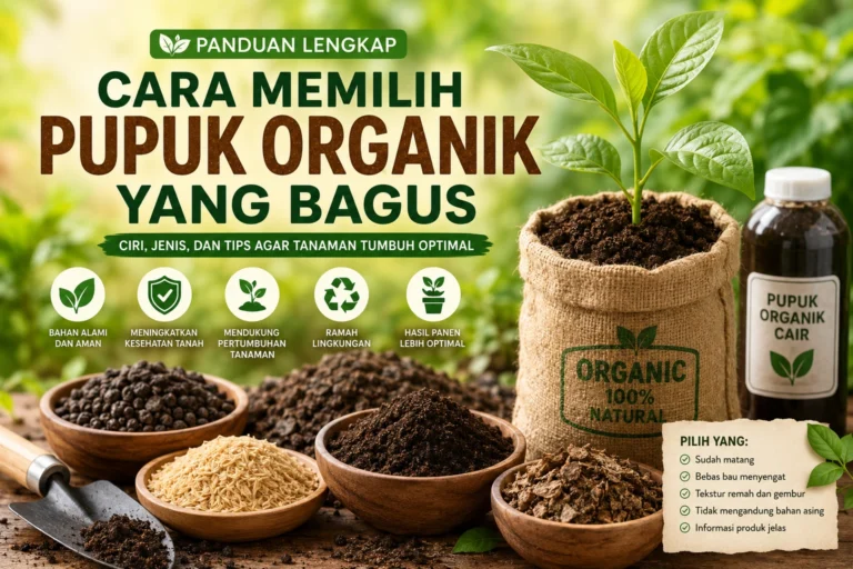 Ilustrasi berbagai jenis pupuk organik berkualitas seperti kompos, pupuk kandang, bokashi, kascing, dan pupuk organik cair yang digunakan untuk menyuburkan tanaman.