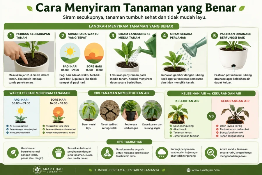 Infografik panduan cara menyiram tanaman yang benar meliputi waktu terbaik menyiram, teknik penyiraman, frekuensi berdasarkan jenis tanaman, tanda kelebihan dan kekurangan air, serta kesalahan yang harus dihindari.