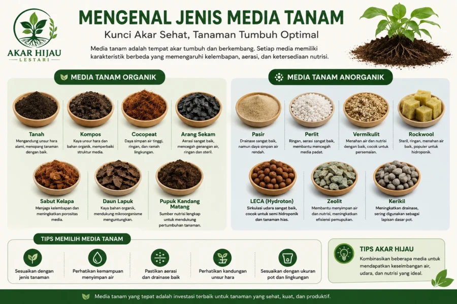 Infografik jenis media tanam organik dan anorganik yang menampilkan tanah, kompos, cocopeat, arang sekam, pasir, perlit, vermikulit, rockwool, LECA, dan zeolit beserta fungsi utamanya.
