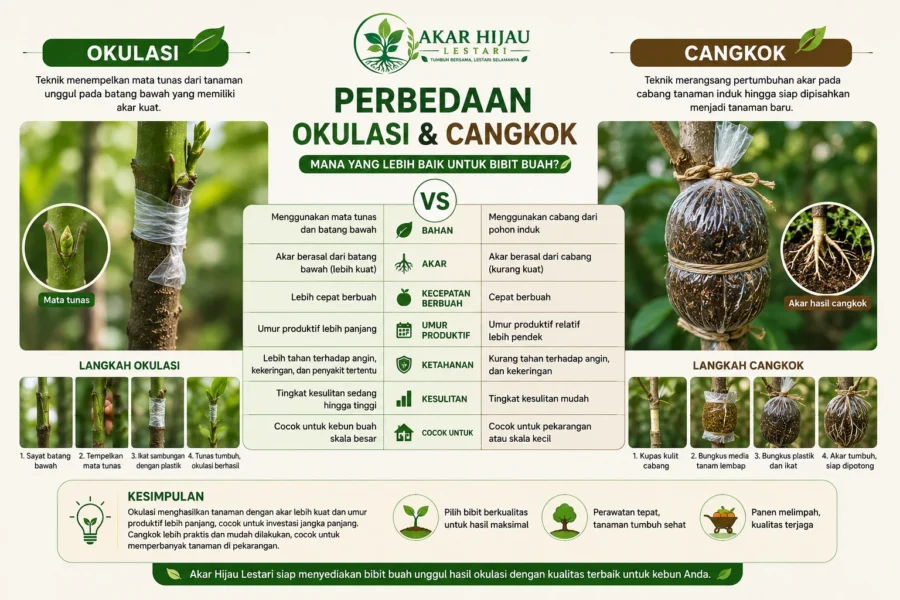 Infografis perbedaan okulasi dan cangkok pada bibit tanaman buah lengkap dengan tabel perbandingan, kelebihan, dan kekurangan.