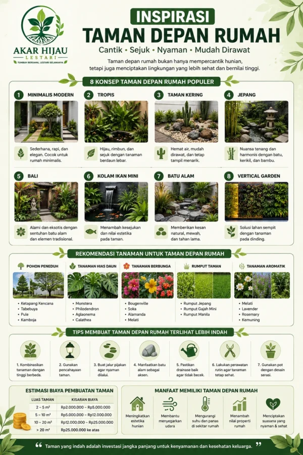 Infografis inspirasi taman depan rumah minimalis lengkap dengan rekomendasi tanaman, konsep taman, tips perawatan, dan estimasi biaya oleh Akar Hijau Lestari.