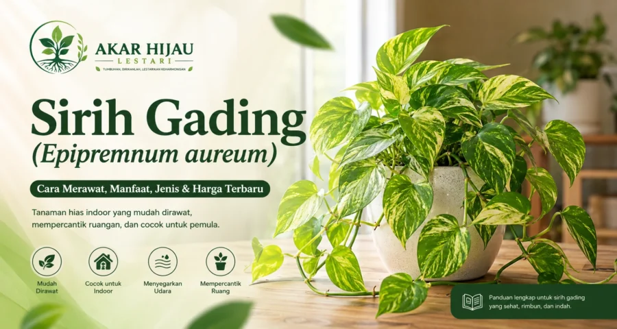 Tanaman Sirih Gading (Epipremnum aureum) dalam pot putih sebagai tanaman hias indoor dengan logo Akar Hijau Lestari.