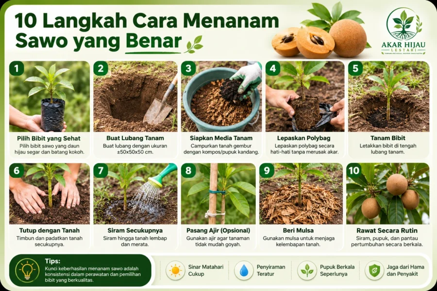 Infografis 10 langkah cara menanam sawo yang benar mulai dari memilih bibit hingga perawatan agar cepat tumbuh dan berbuah.